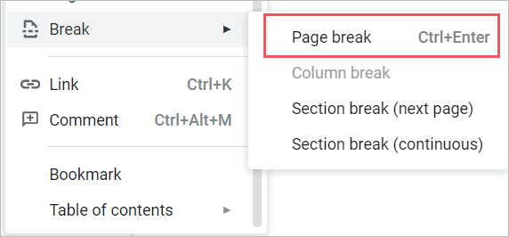 Select page break in google docs from the drop-down menu
