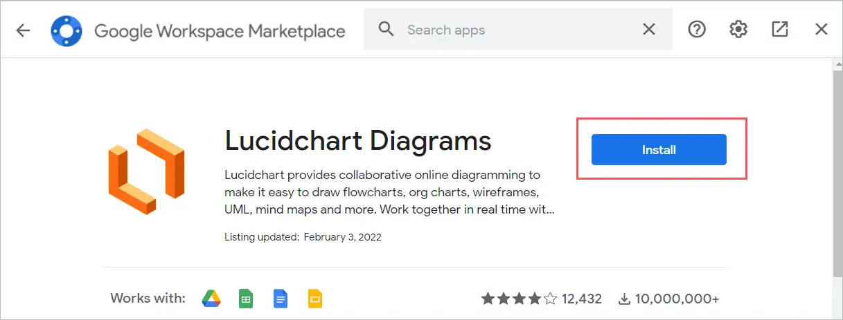 Click on the Install button for Flowchart In Google Docs