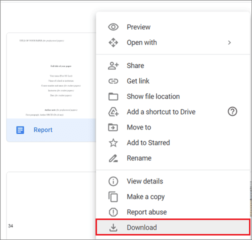 Click on Download to convert google doc to word