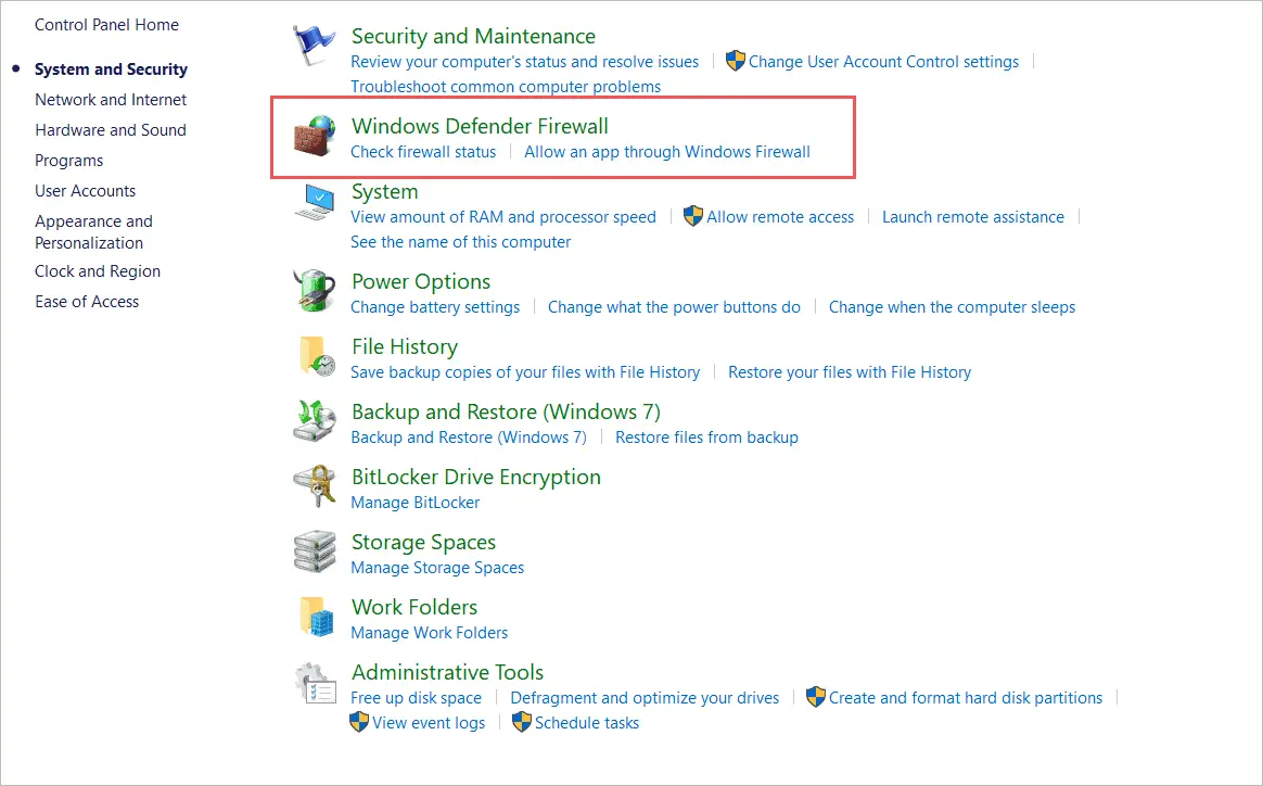 Select the Windows Defender Firewall option