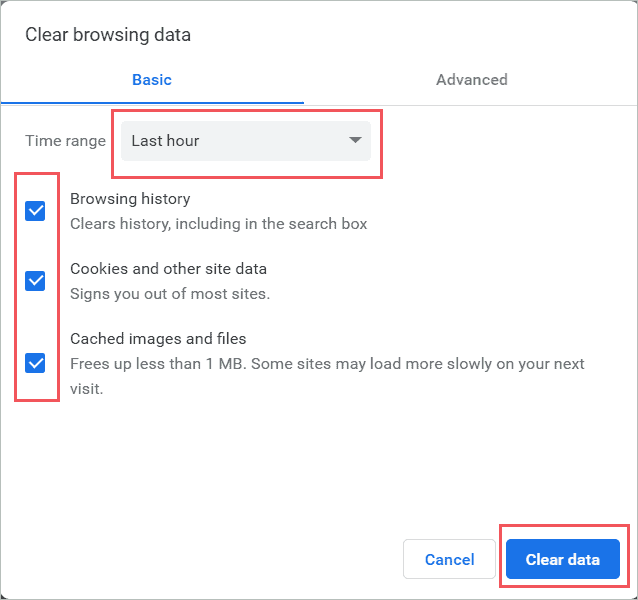 Click on the Clear data button to erase cookies and cache to fix google docs not working