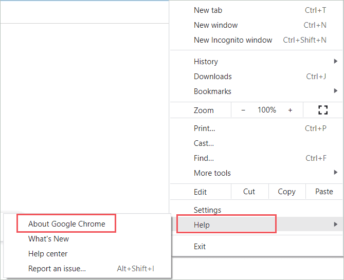 Click on the Help option and select About Google Chrome