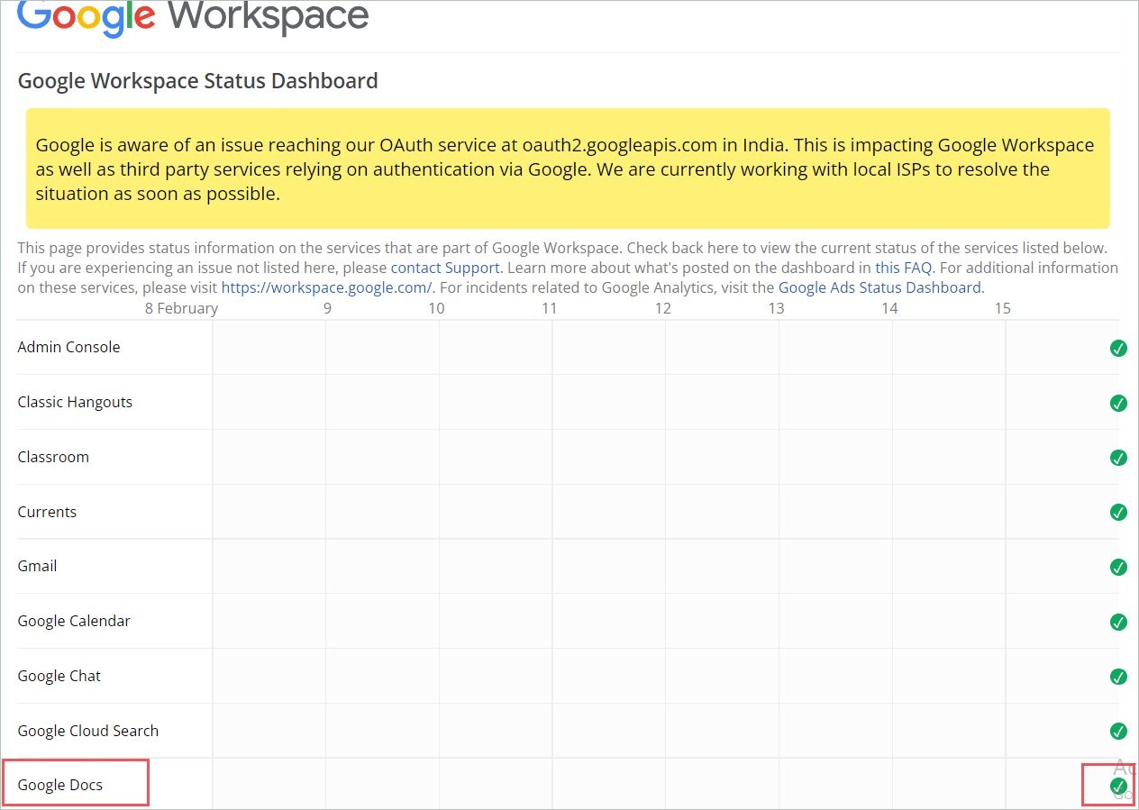 Google Workspace Status Dashboard