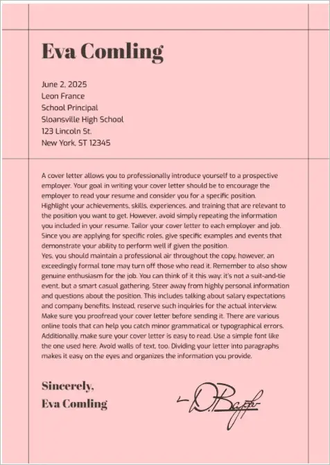 School cover letter template