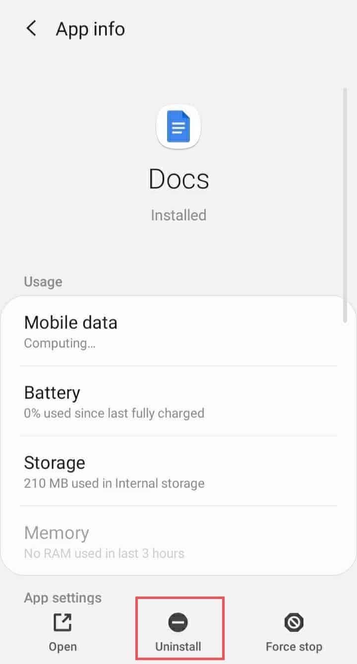 Click on the Uninstall button to fix google docs not working