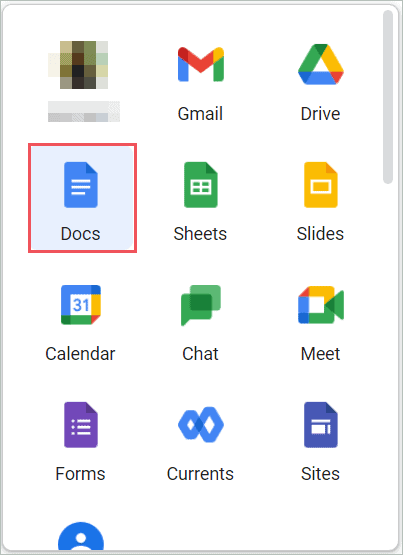 Select the Google Docs Application.