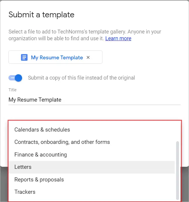Select the category for the template