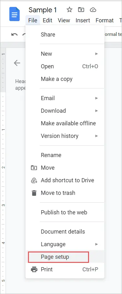Click on the Page setup option to change margins in google docs