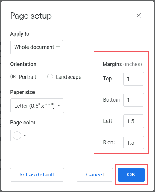 Write the margins in inches in the given text boxes to change margins in google docs