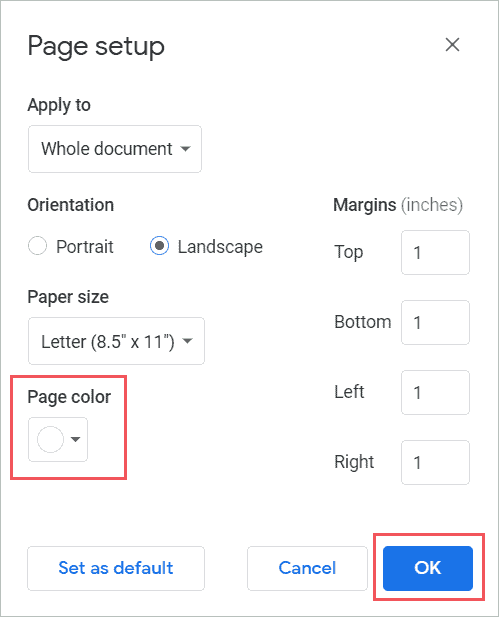 Select the Page color