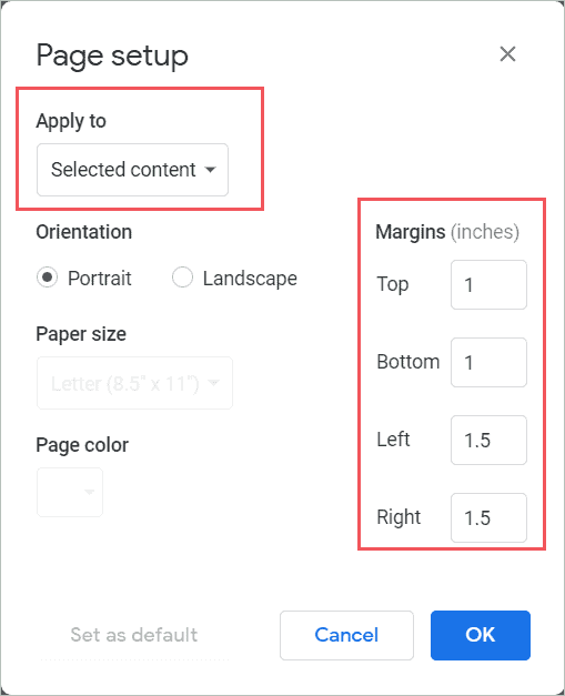 Change margin in Google docs values for selected content and click OK