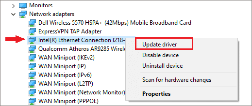 Update Ethernet drivers to fix ethernet not working windows 10