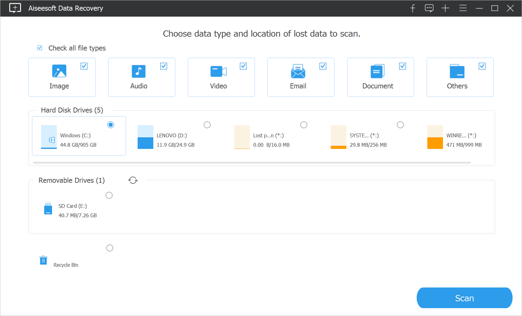 Aiseesoft Data Recovery User Interface