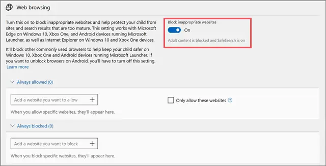 Web browsing filter for windows 10 parental controls