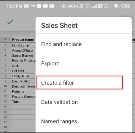 Select create a filter in Google sheets