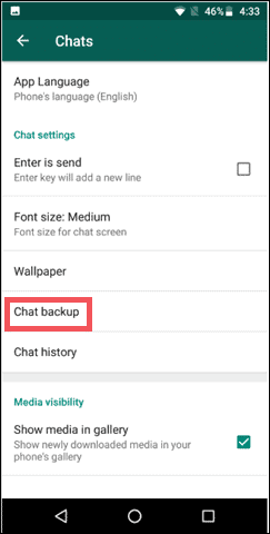 WhatsApp backup Google drive Tap on Chat backup