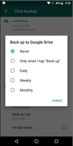 WhatsApp backup on Google drive Select backup frequency