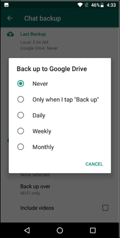 WhatsApp backup on Google drive Select backup frequency
