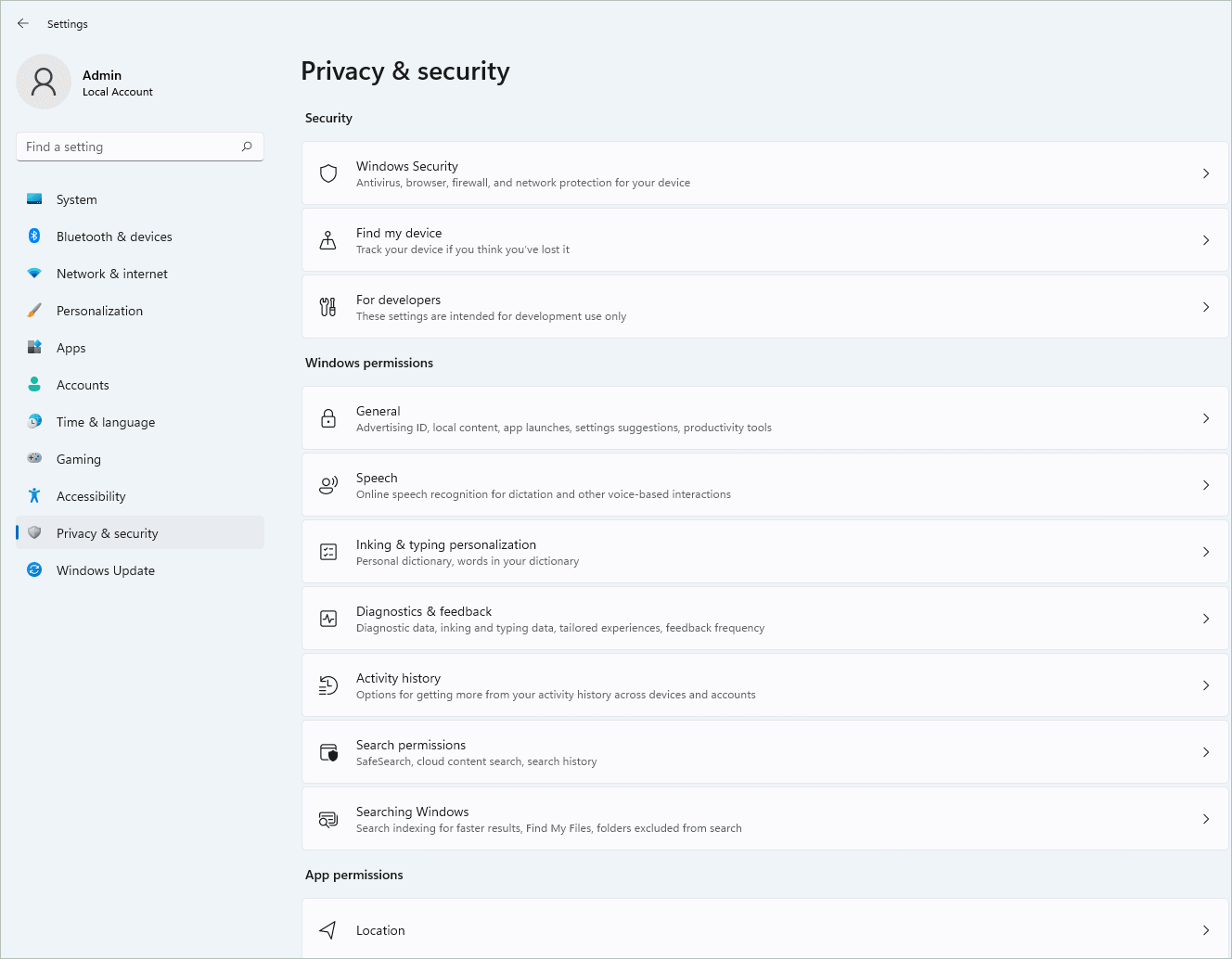 Windows 11 Settings Privacy & Security