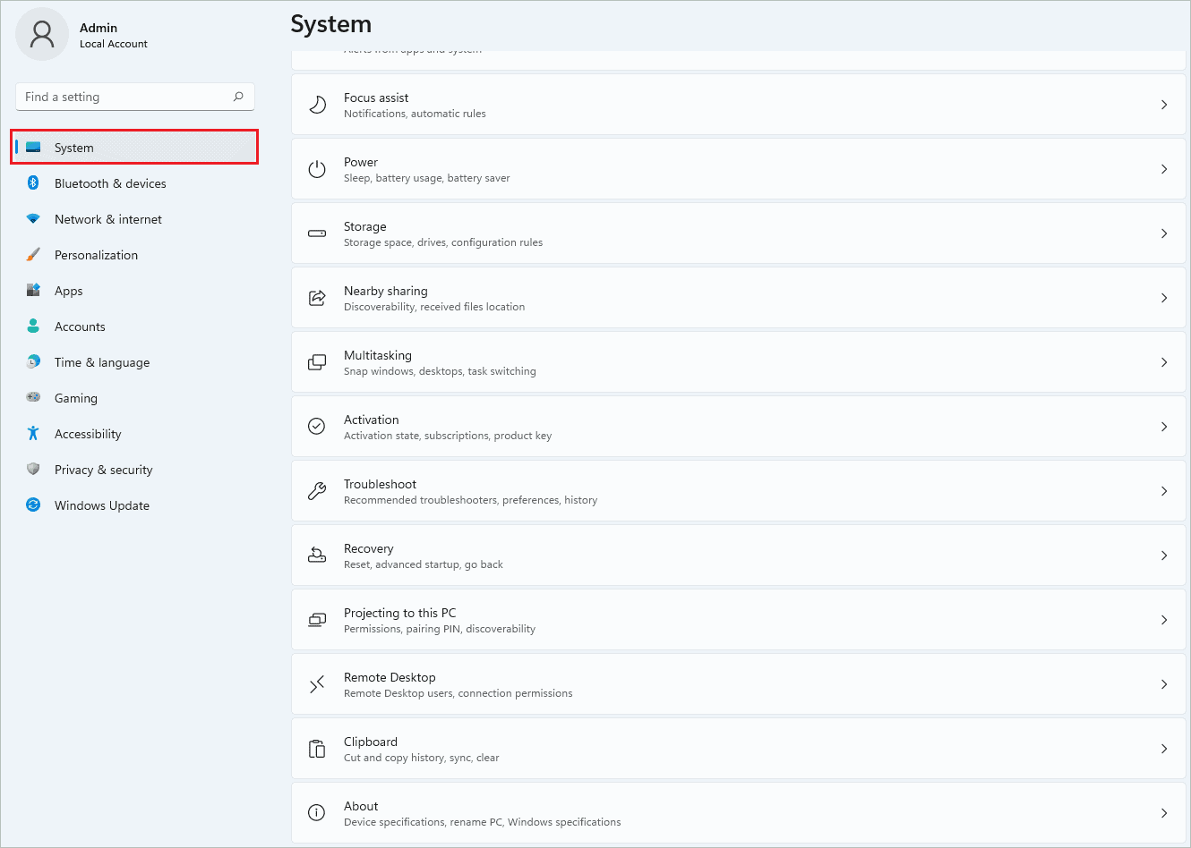 System Settings of Windows 11