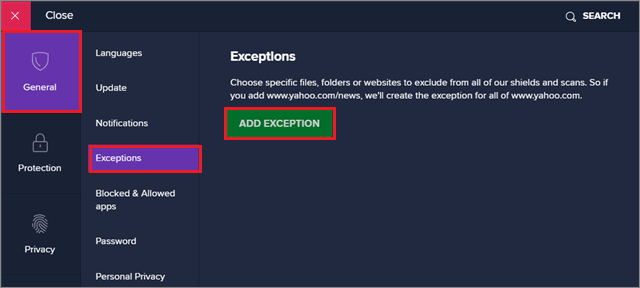 Click on Add Exception