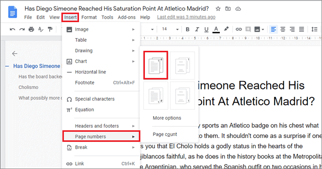 how to add page numbers in google docs automatically 