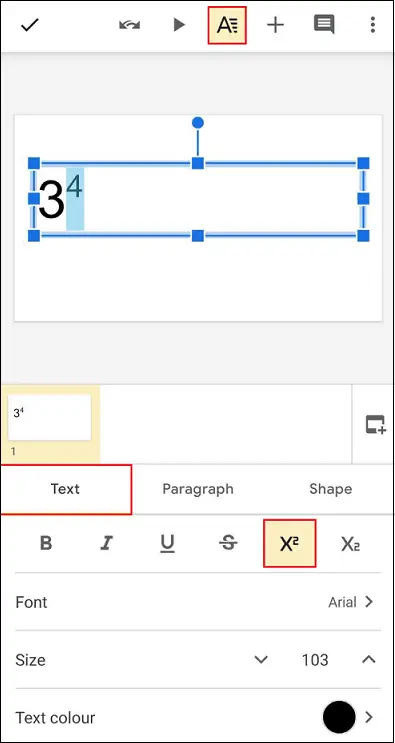 Add superscript to google slides