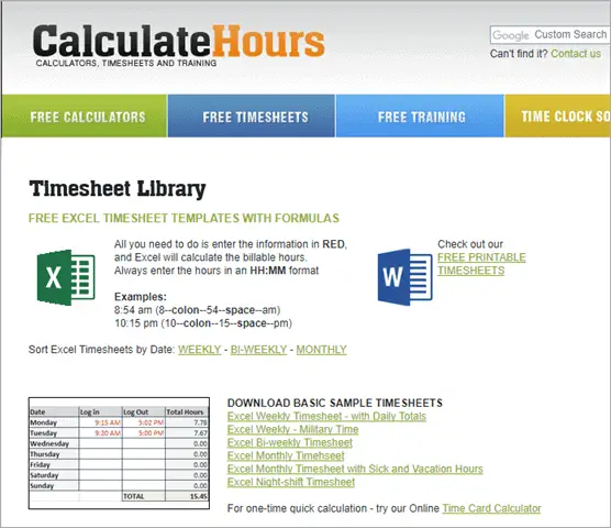 calculatehours excel templates