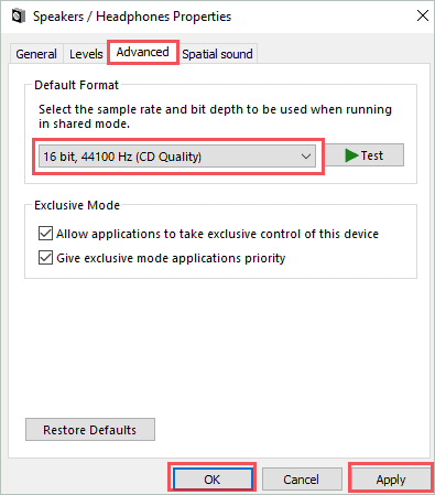 Change the default format for the playback device