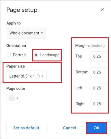 Select the settings for how to make a brochure on google docs