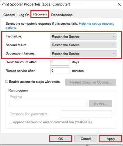 Change the Recovery options To Fix Print Spooler Keeps Stopping In Windows 10