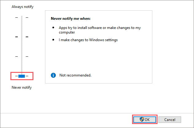 Change the UAC to never notify