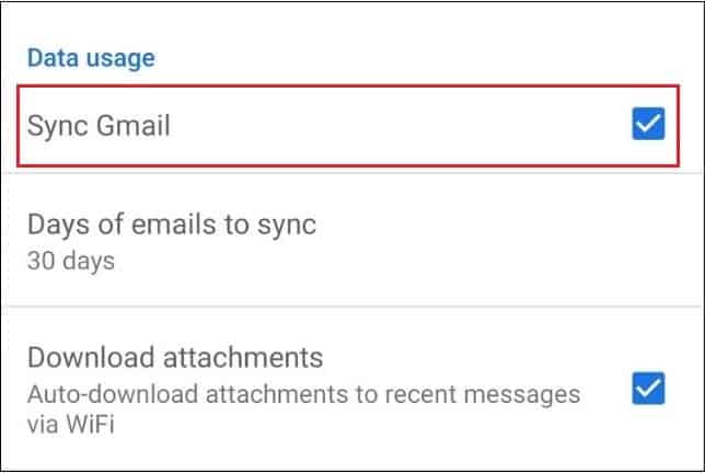 Enable the Sync Gmail checkbox