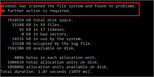 Output of chkdsk command execution