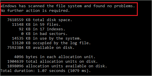  Output of chkdsk command execution