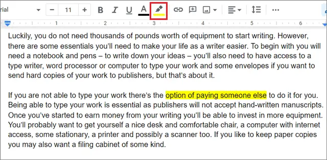 Select the color to highlight in google docs