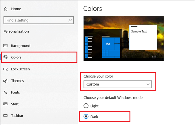 Choose Custom color and select the Dark option