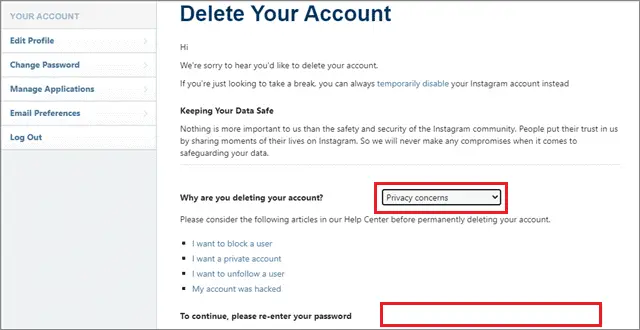 for how to delete instagram account choose reason and enter account password