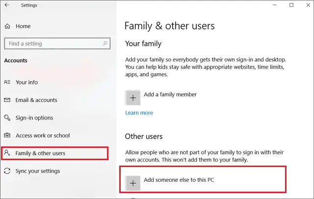 Select Add someone else to this PC