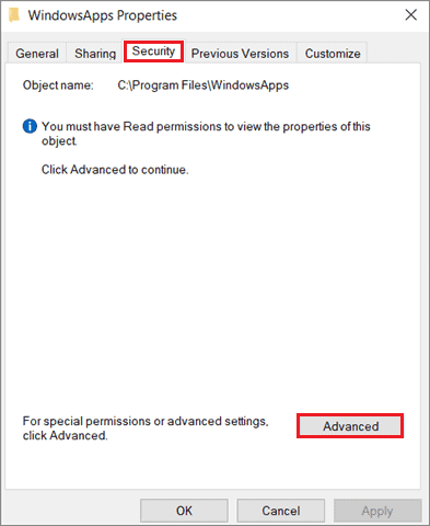 Choose the Security tab and click on Advanced