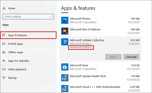 Click on Advanced options to fix Microsoft Solitaire Collection Is Not Working