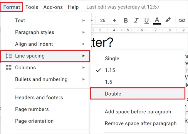 Select the double spacing in Google Docs