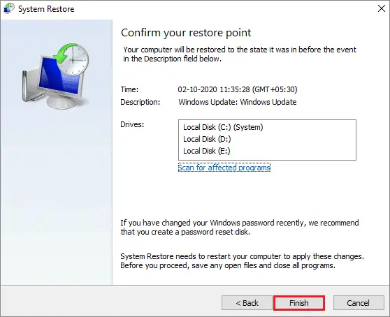 click finish to start system restore and fix   Xinput1_3. dll is Missing in Windows 10