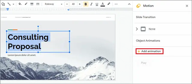 click insert and select animations for how to add animations on google slides