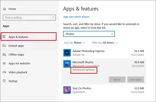 Click on Advanced options to fix windows 10 photos app missing