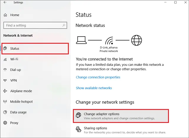 Select Change adapter options