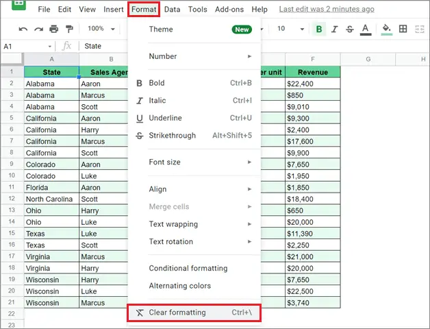 Click on Clear formatting for how to make a table in google sheets