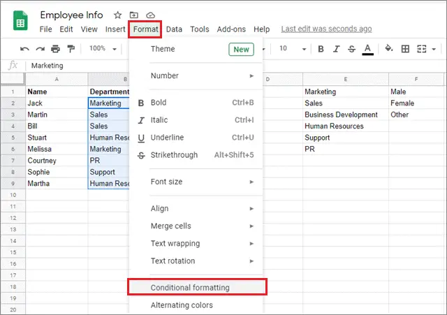 click on format and select conditional formatting for google sheets drop down