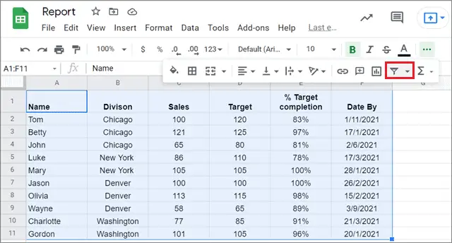 Click on the filter button to add a Google Sheets filter