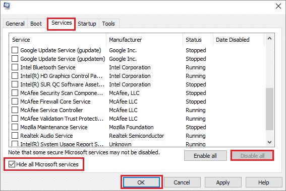 click on hide all microsoft services when games keep crashing pc